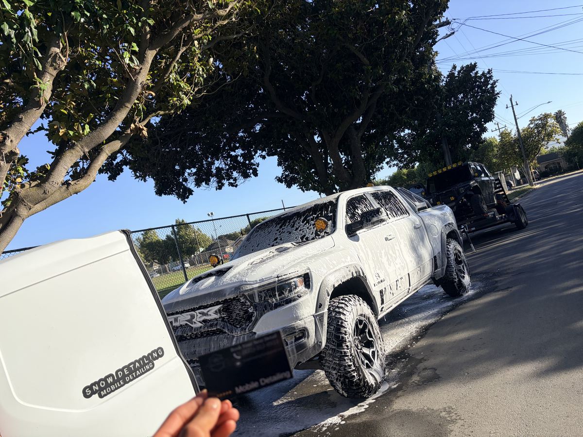 Mobile car detailing foam wash on Ram TRX truck in King City, CA